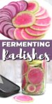 purple and pink radishes on a plate + watermelon radishes in a glass jar