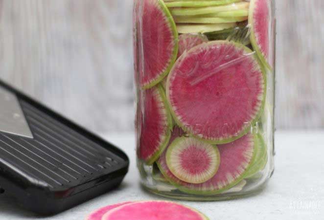 pink and green slices of a watermelon radish in a jar