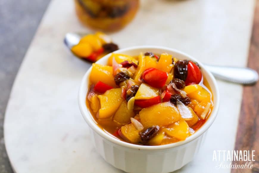 White bowl full of mango chutney