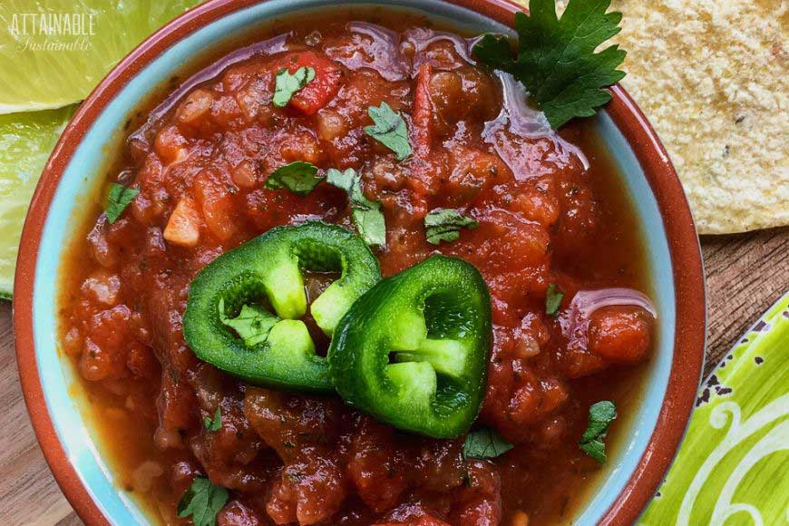 spicy salsa in a bowl with jalapeno slices