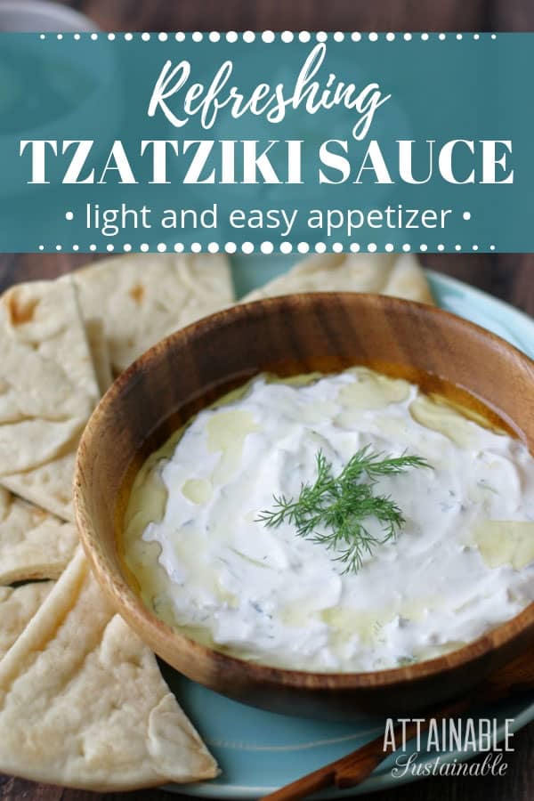 tzatziki in wooden bowl with pita chips