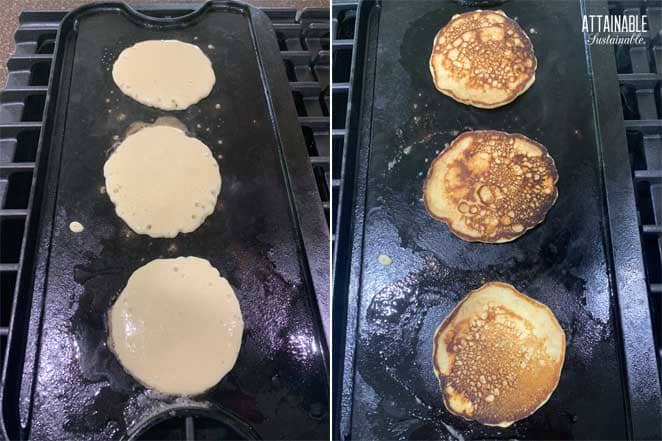 3 pancakes on a griddle, batter visible, left and flipped cooked pancakes, right. 