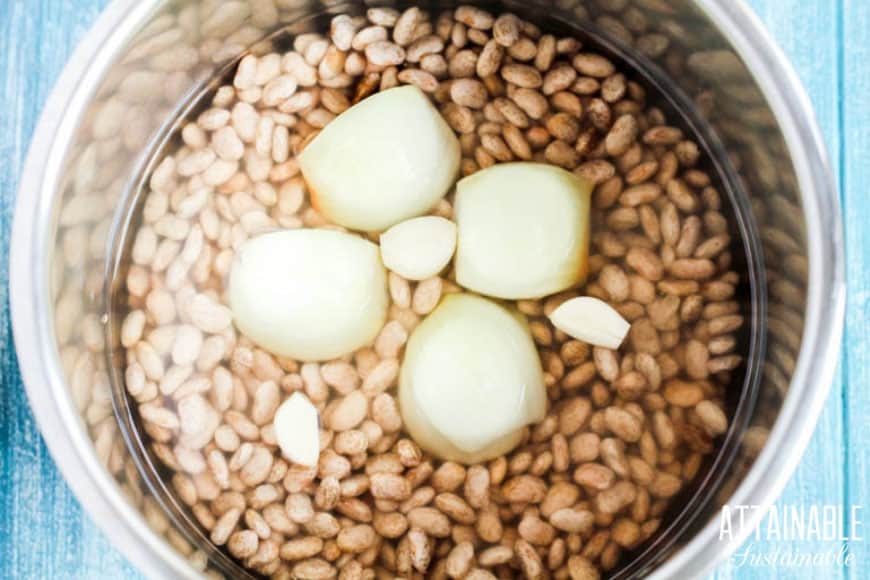 dried beans, onion, and garlic in a pot.