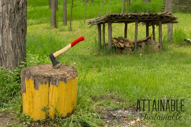 hatchet in a tree stump.