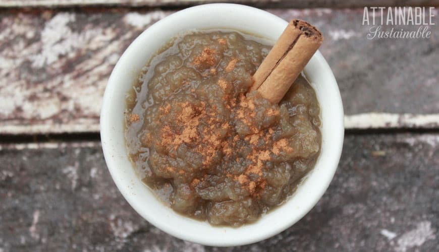 cooked fruit sauce in white bowl with cinnamon stick