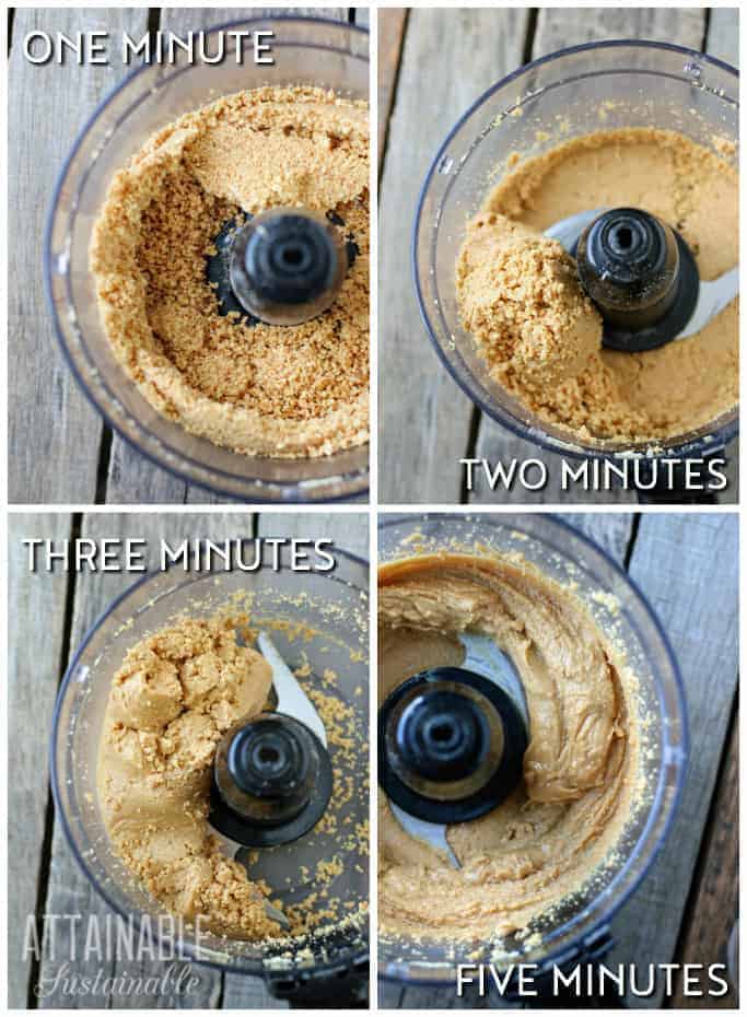 homemade peanut butter recipe in a food processor, showing different stages