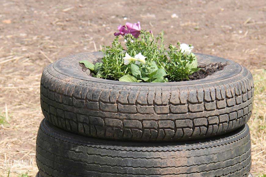 tires stacked to make a flower planter