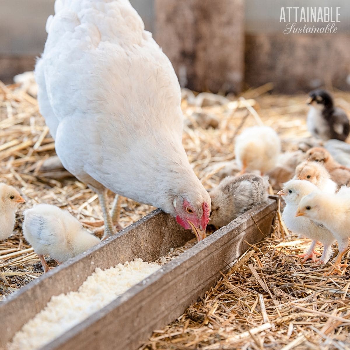 white hen with chicks at feeder.