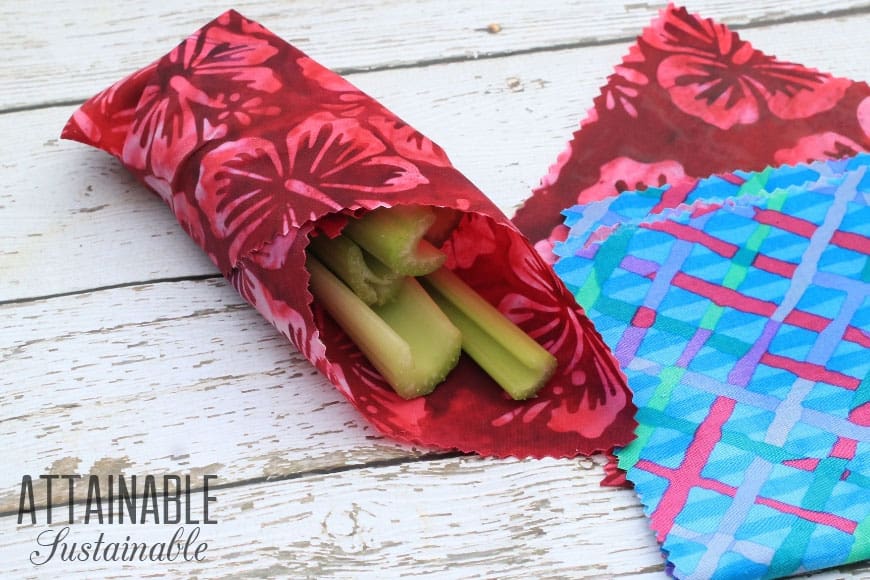 diy beeswax wrap with celery, more beeswax wraps alongside - - to reduce single use plastic waste