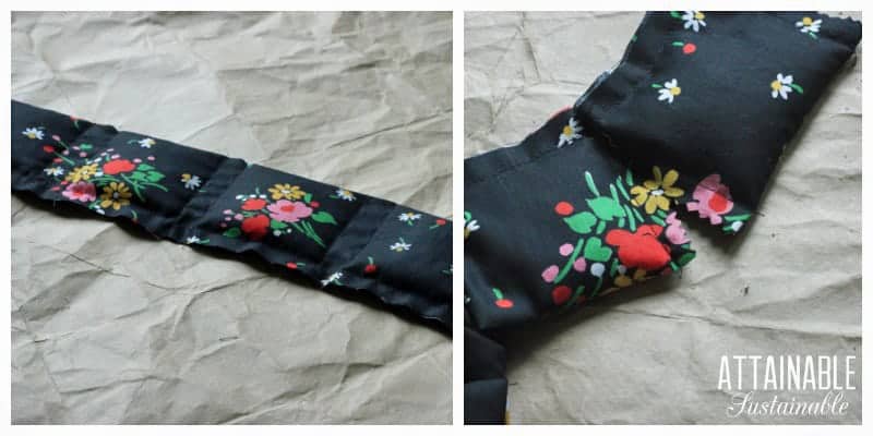 cutting apart black floral fabric to make individual moisture absorber