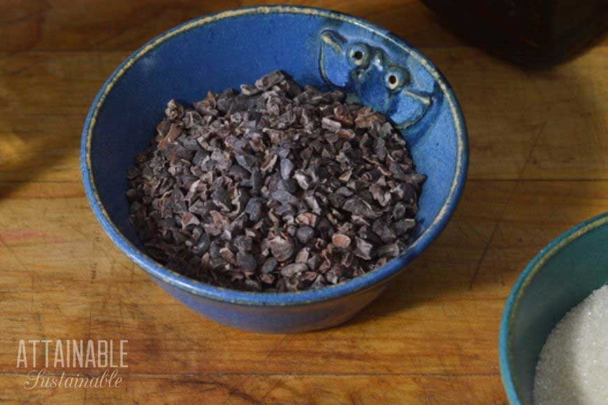 cacao nibs in a blue bowl