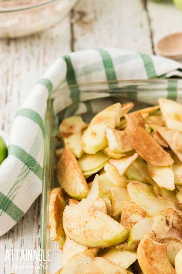 apples in a baking dish with cinnamon.