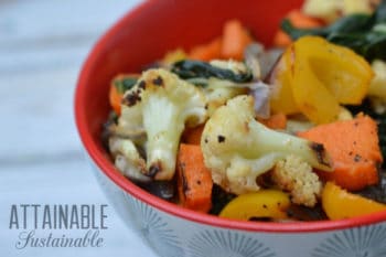 roasted vegetables in a red bowl