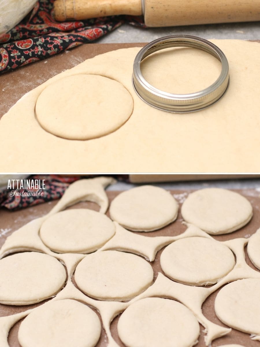 cutting dough into circles with a canning ring.