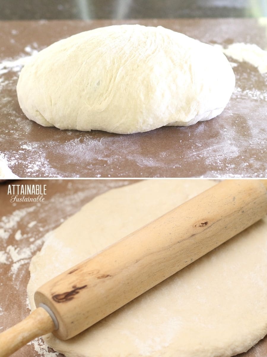 smooth bread dough ball, and after being rolled out with a rolling pin.