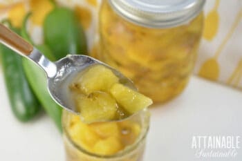 spoon holding yellow chunks of pineapple over a jar