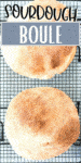 two loaves of sourdough boule bread on a wire rack, from above