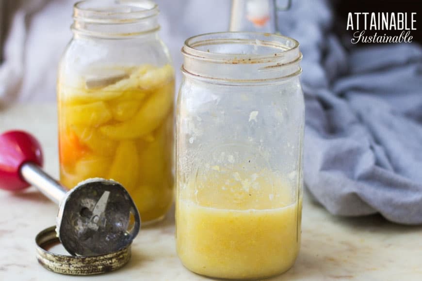 fermented banana peppers in a glass jar, hot sauce in a glass jar