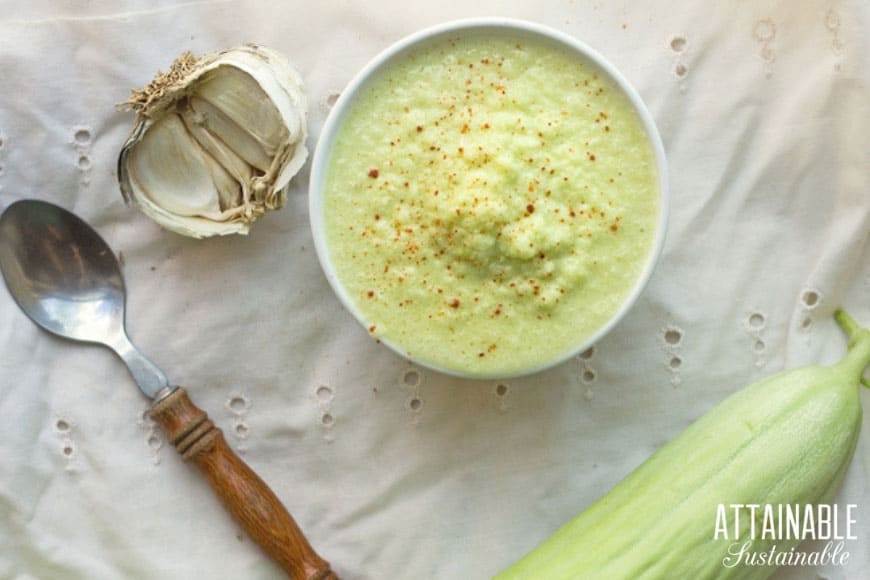 cucumber salsa in a white bowl, from above