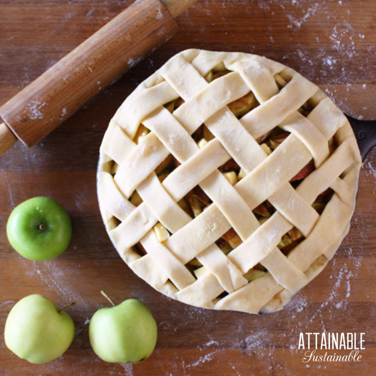 lattice top apple pie before baking.