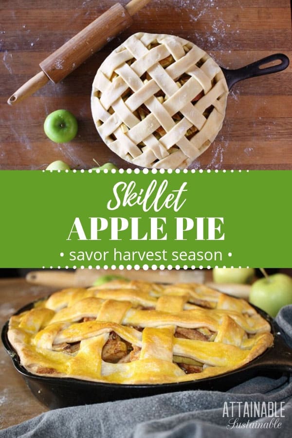 Cast iron skillet apple pie, top, uncooked, bottom with a nicely browned lattice top crust