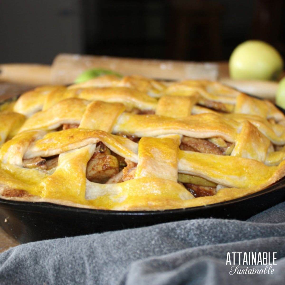 lattice top apple pie in a skillet