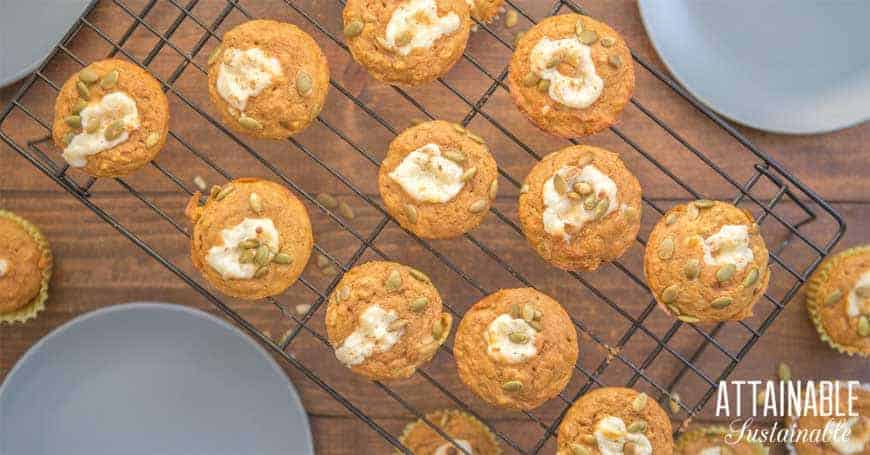 pumpkin cheesecake muffins on cooling rack