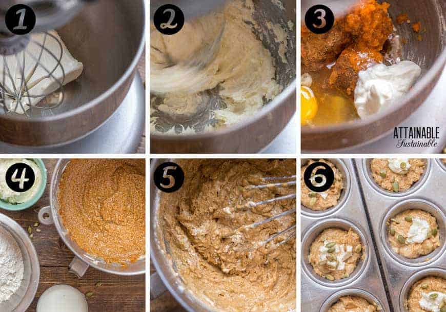 Mixing pumpkin cheesecake muffins in mixer - process photos