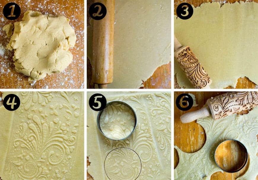 making homemade cookies with embossed rolling pin design