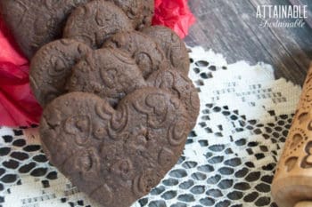 heart chocolate sugar cookies on a doily