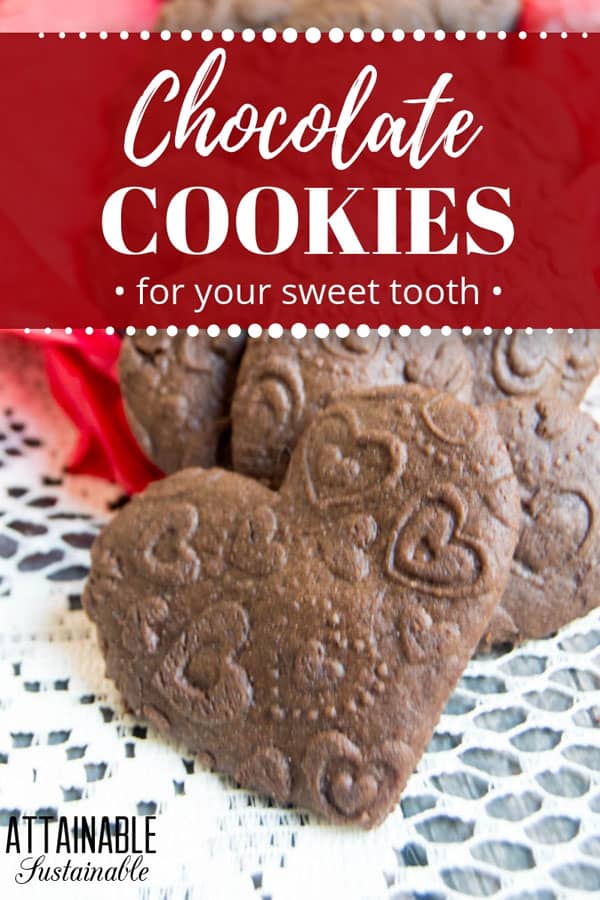 heart shaped chocolate sugar cookies on a white doily