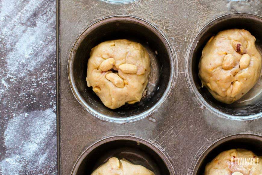 peanut butter muffins in a muffin tin