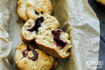 peanut butter and jelly muffins, torn open