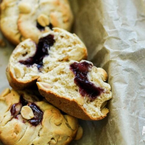 peanut butter and jelly muffins, torn open