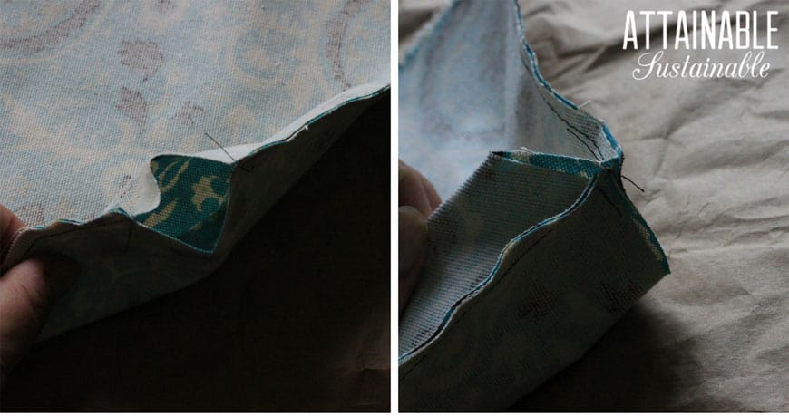 making reusable snack bags with teal fabric -- seam