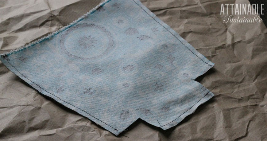 making reusable snack bags with teal fabric -- wrong side showing