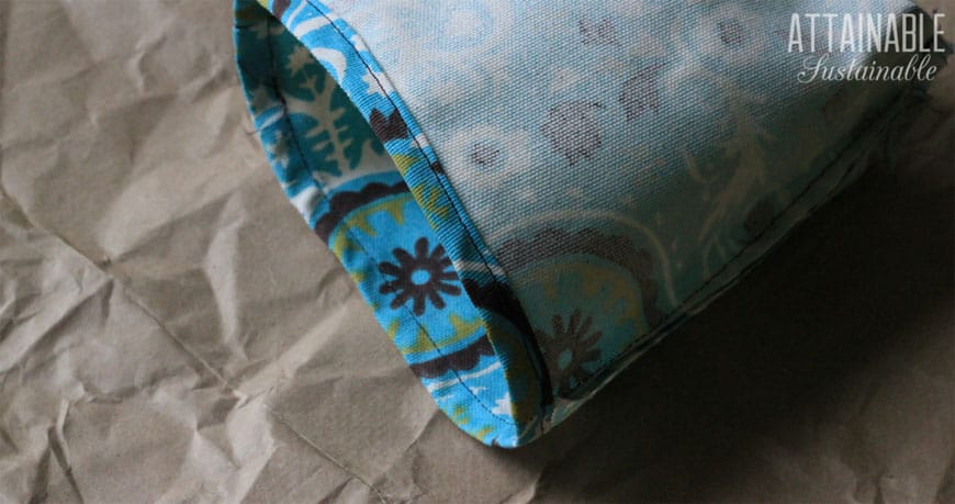 making reusable snack bags with teal fabric - top hem