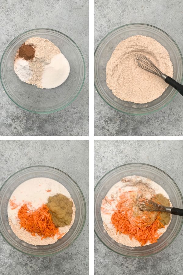 4 panel showing the process of mixing the muffin batter.
