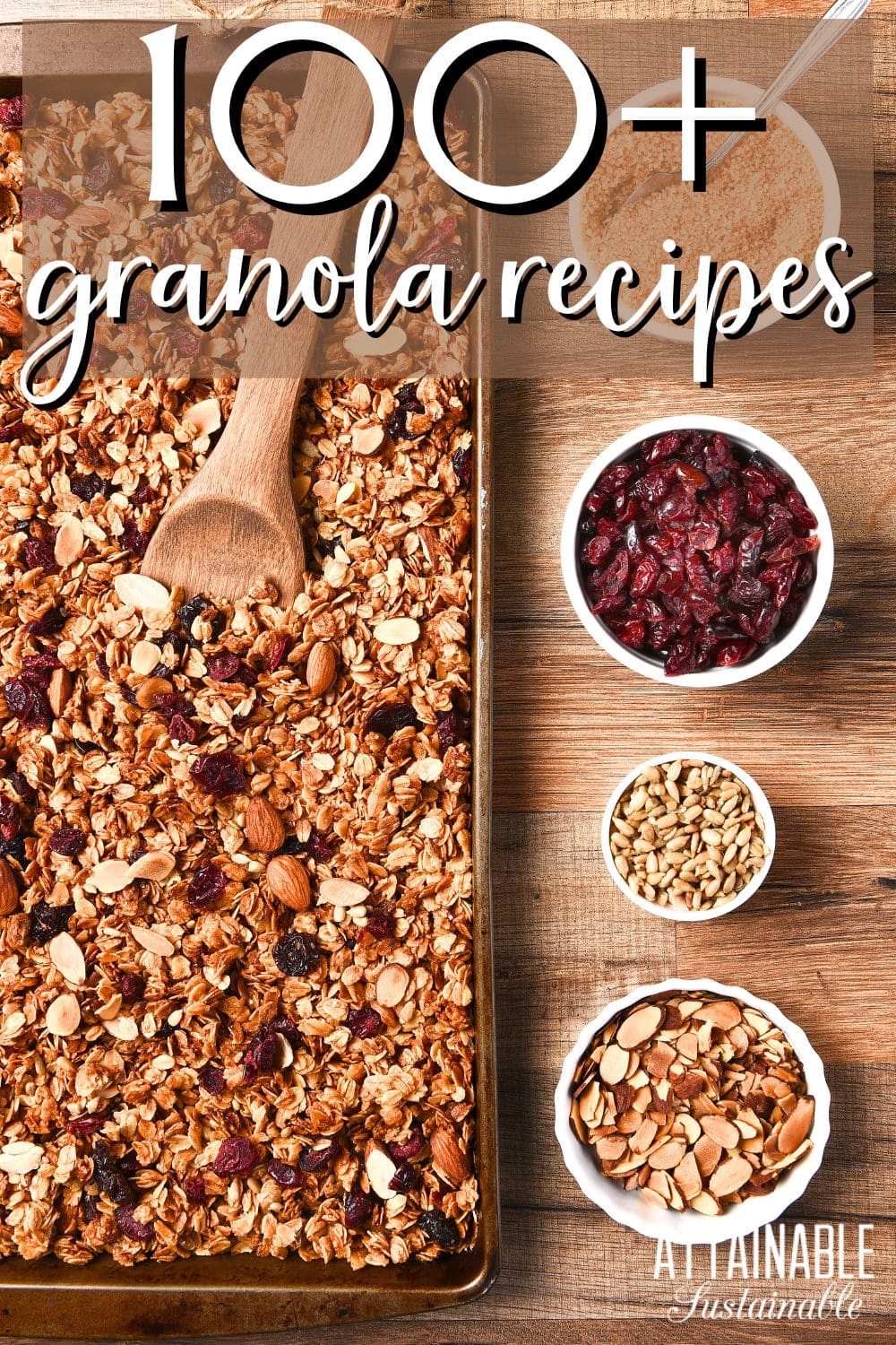 granola on a cookie sheet, with individual ingredients in 4 bowls alongside.