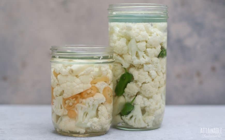 fermented cauliflower in two glass jars