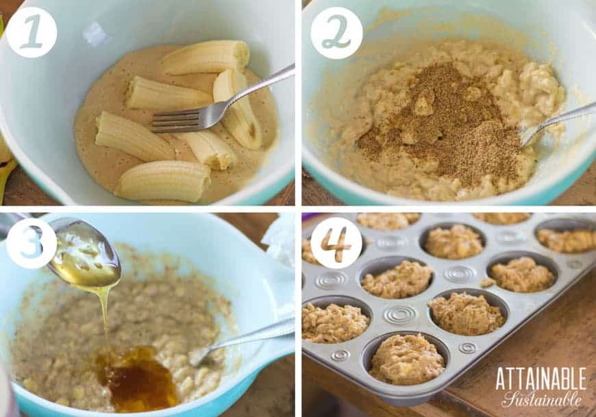 BANANA nut muffins in process: smashing bananas, adding ingredients to a blue pyrex bowl, muffins in muffin tin