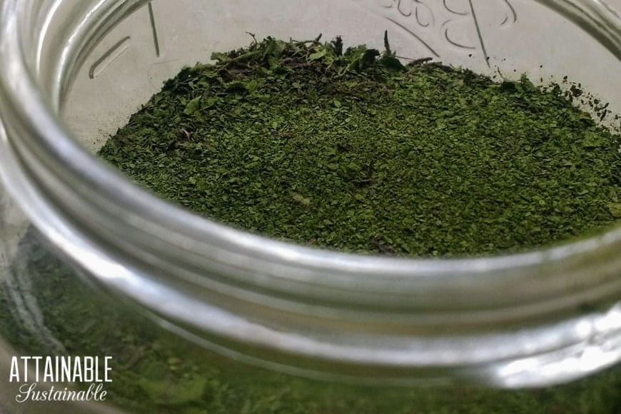 beet green powder in a glass jar