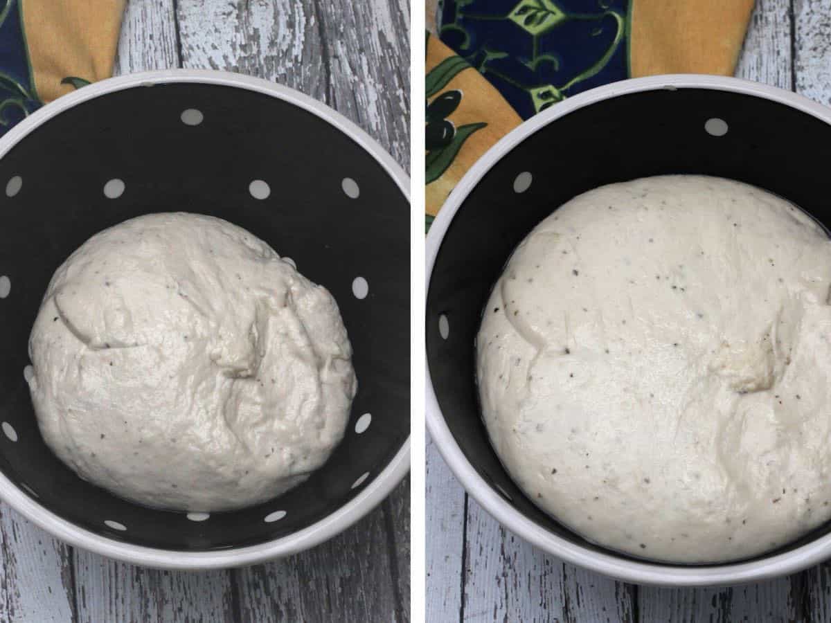 pizza dough in a black bowl, before and after rising.