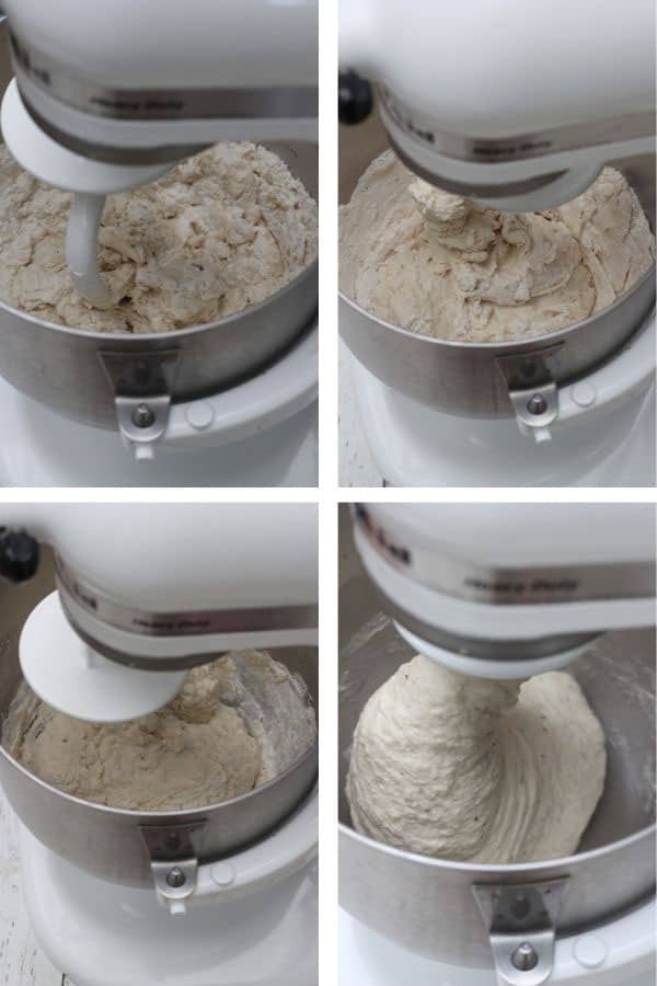 stages of dough in a stand mixer.