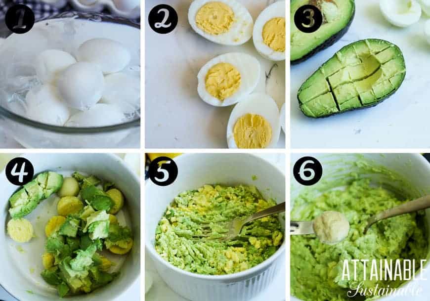  process photos showing hard boiled eggs, avocado, and the yolks and avo mashed together