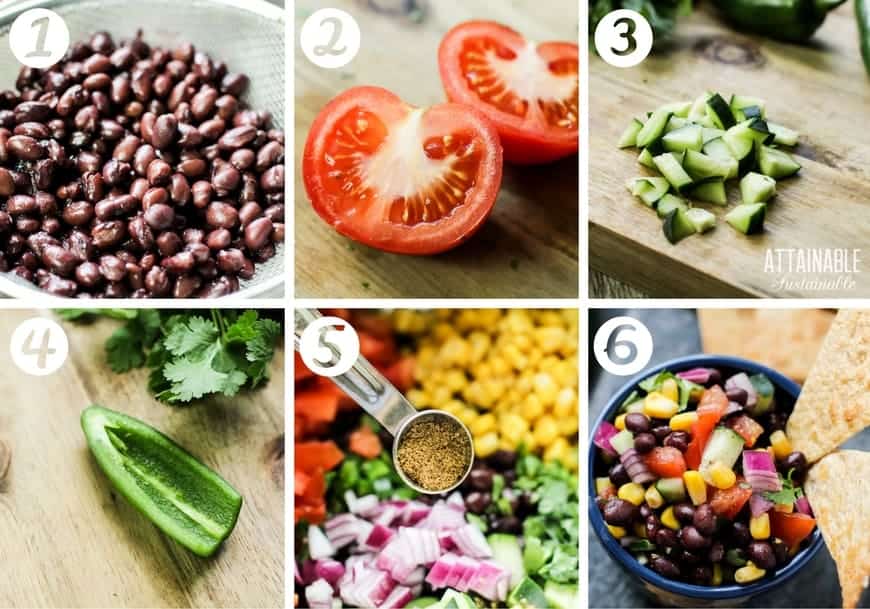 ingredients in a 6-panel collage: beans, sliced tomato, cucumber, jalapeno, cumin