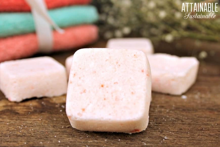 homemade dishwasher soap tablets, square and slightly pink