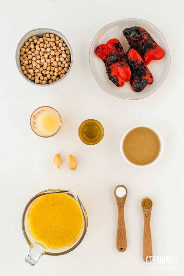 ingredients for roasted red pepper hummus.