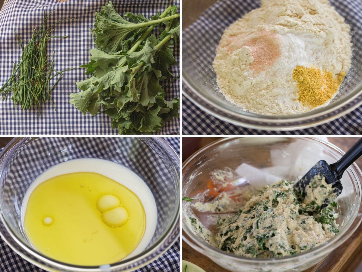 4 panel showing process: raw greens, mixing dry ingredients, combining wet ingredients, and making the batter.