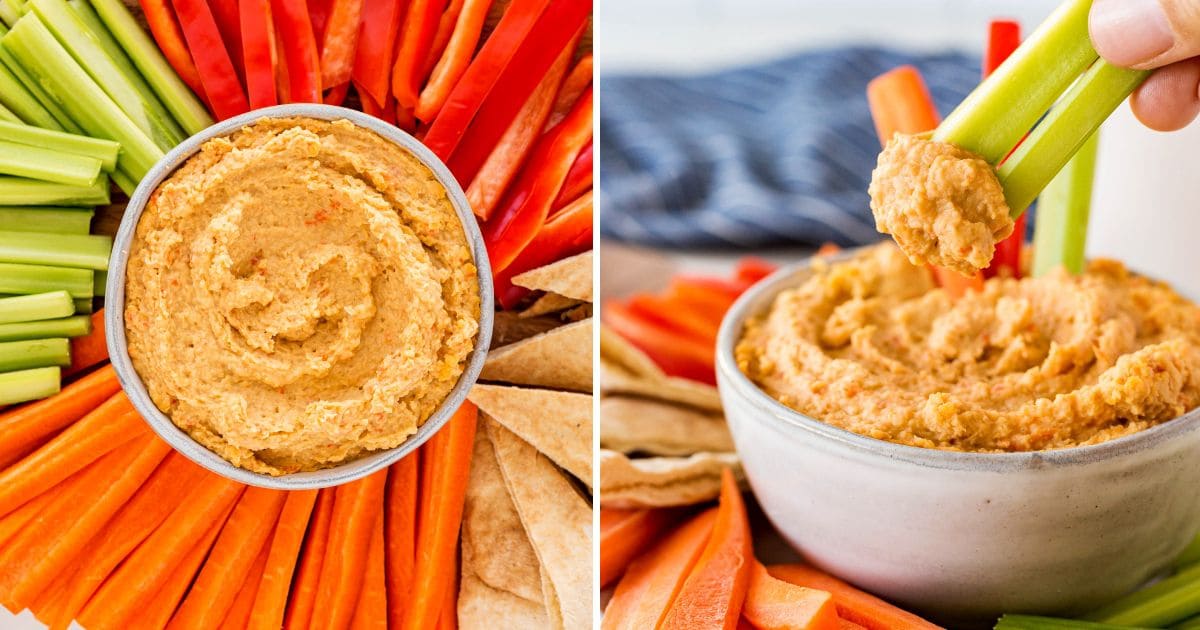 plate of hummus with a celery stick loaded with it.